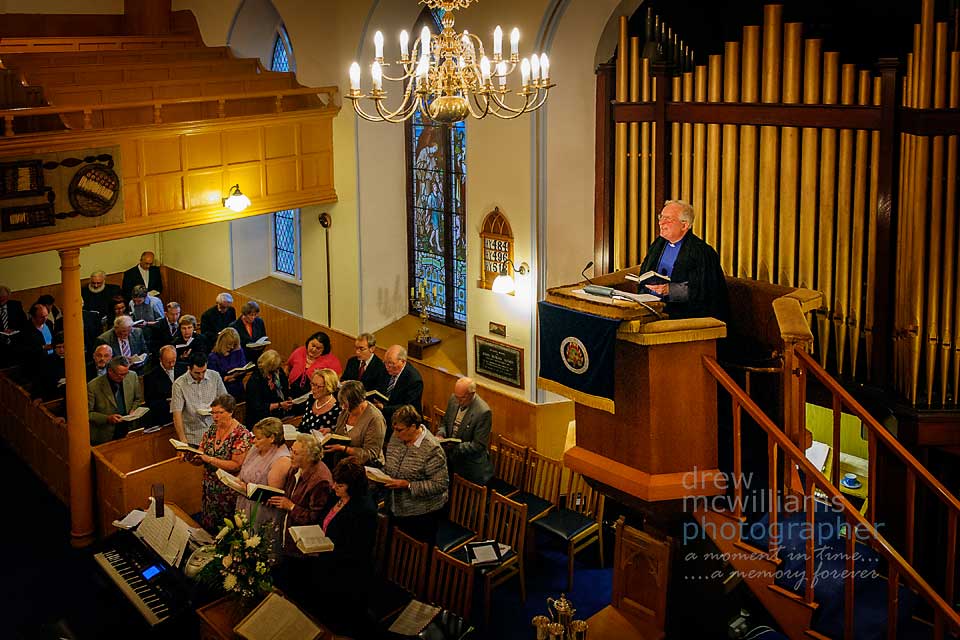 Rev Sam Peden preaches from the pulpit at Dromore Non-Subscribing Presbyterian Church