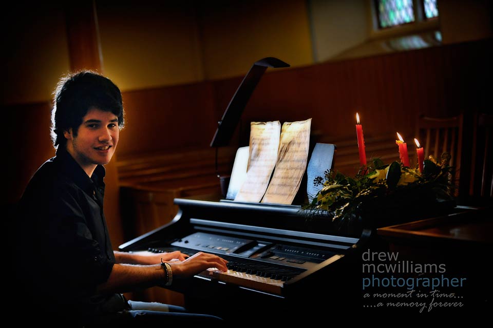 Gareth Greenfield at the piano in Dromore Non-Subscribing Presbyterian Church