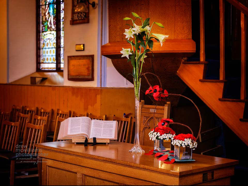 Flower arrangement at Dromore Non-Subscribing Presbyterian Church for Remembrance Sunday