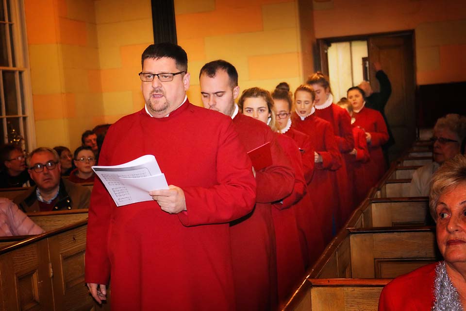 The Choir of St Anne’s Cathedral processes into Banbridge Non-Subscribing Presbyterian Church for the 300th anniversary concert