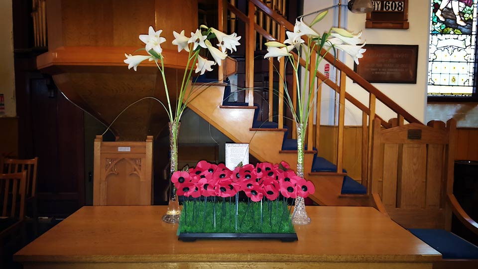 Remembrance flower display at Dromore Non-Subscribing Presbyterian Church